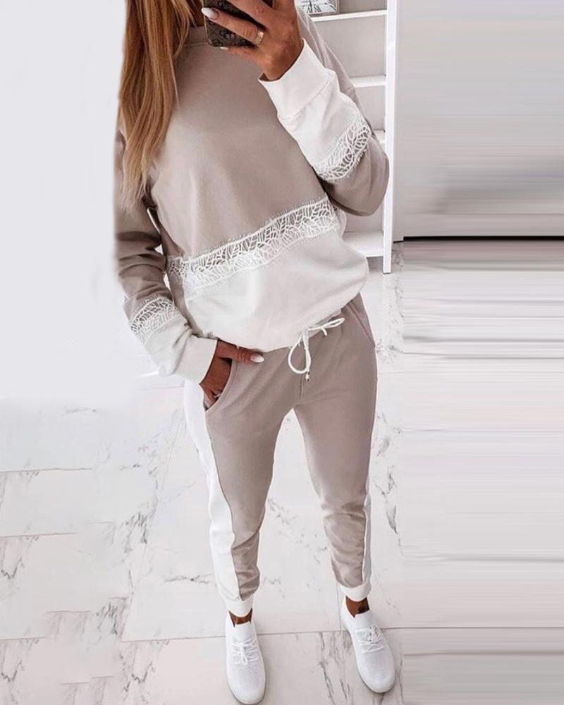 

Lace Colorblock Top & Drawstring Pants Set, Apricot