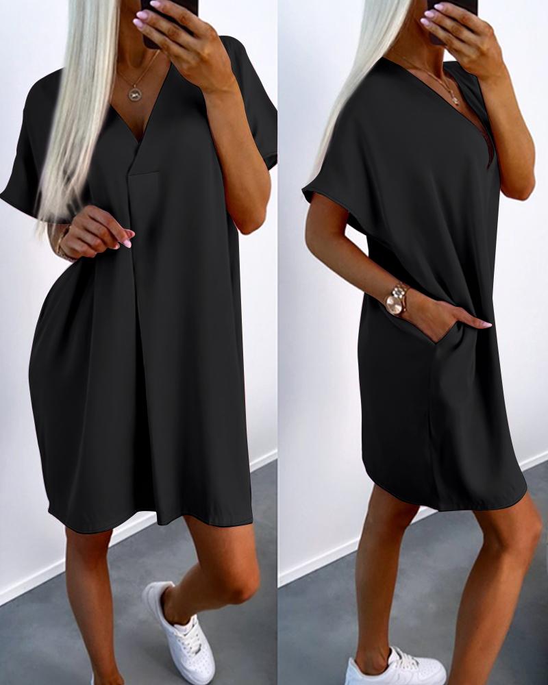 

Pocket Design V-Neck Casual Dress, Black
