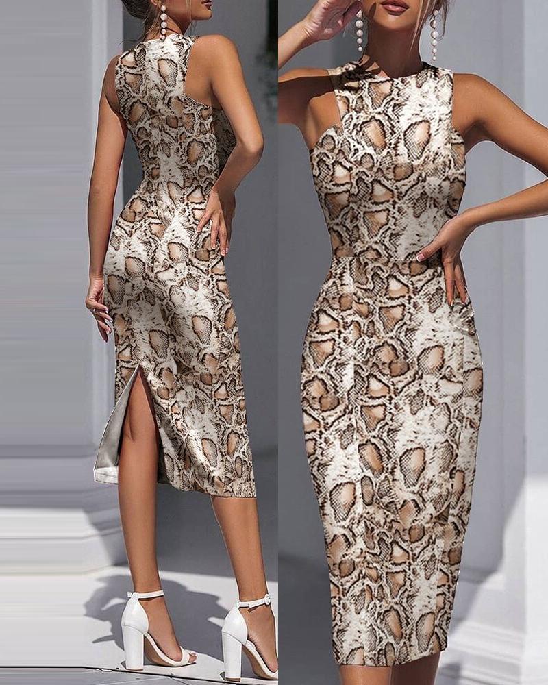 

Snakeskin Print Sleeveless Slit Dress, Brown