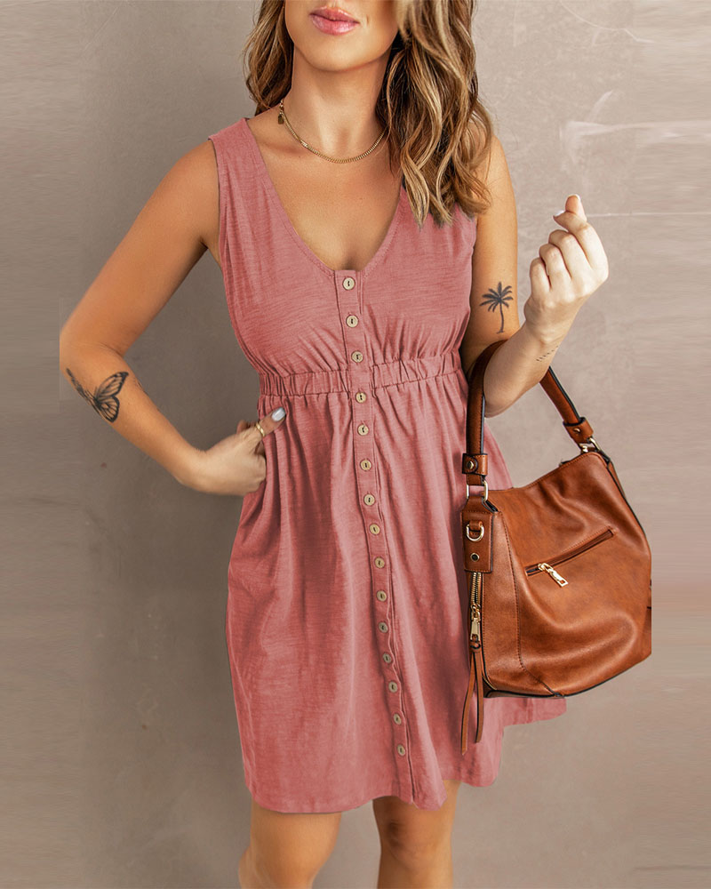 

Button Front Sleeveless V-Neck Casual Dress, Pink