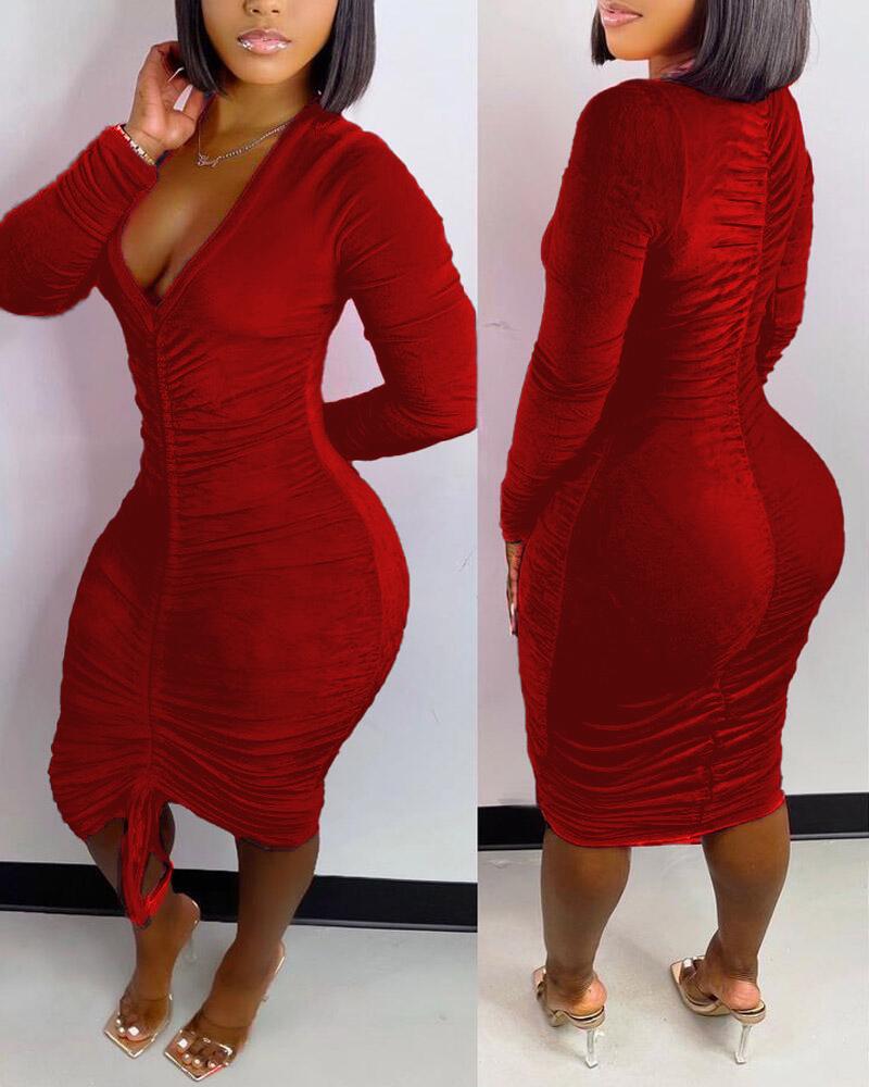 

Velvet Long Sleeve Drawstring Ruched Bodycon Dress, Red