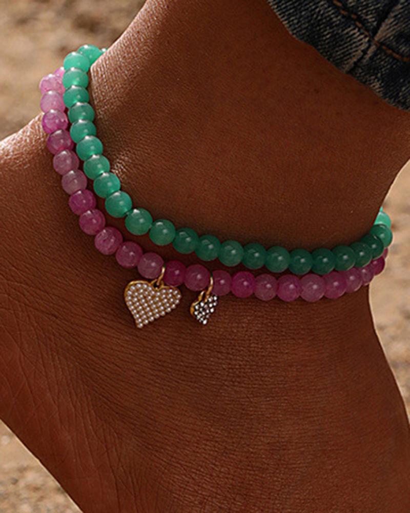 

2pcs Stackable Crystal Stone Beaded Heart Anklets Set, Multicolor