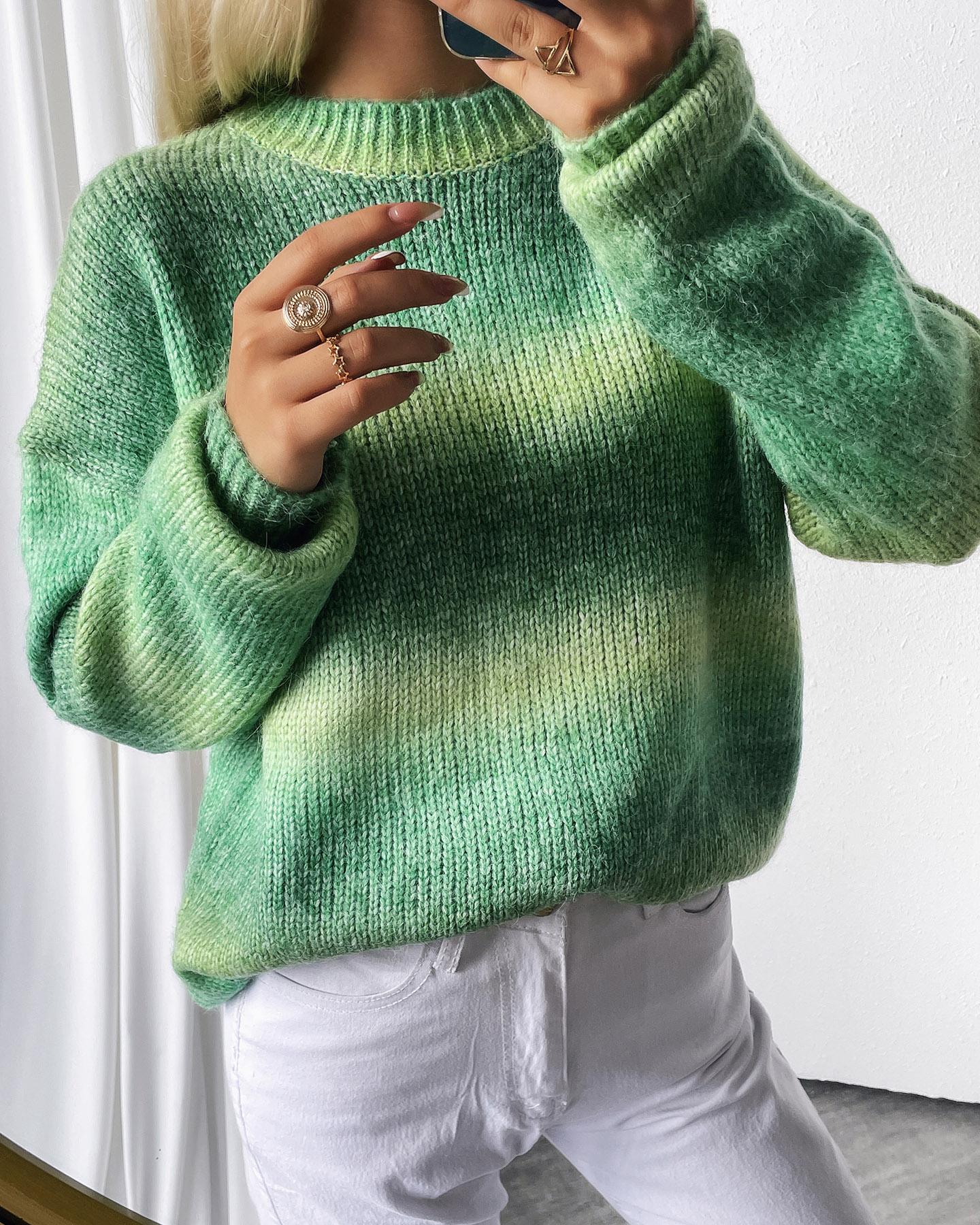 

Long Sleeve Ombre Colorblock Knit Sweater, Green