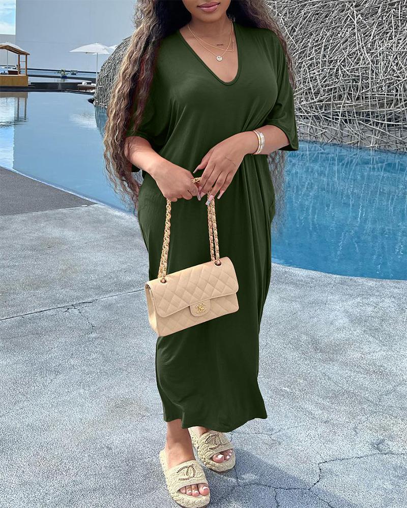 

Half Sleeve V-Neck Maxi Casual Dress, Green