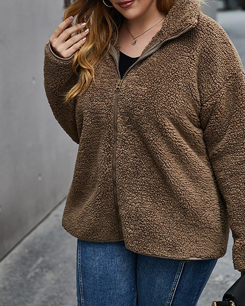 

Plus Size Long Sleeve Zip Teddy Hooded Coat, Brown