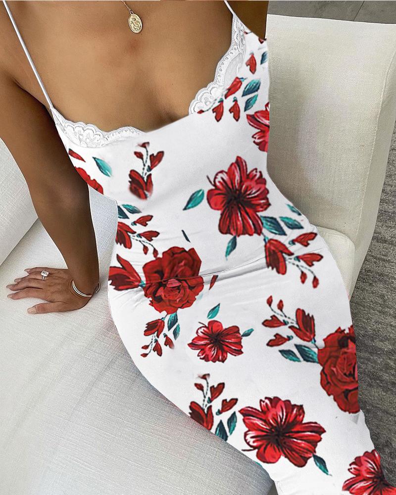 

Floral Print Lace Patch Sleeveless Skinny Dress, Red