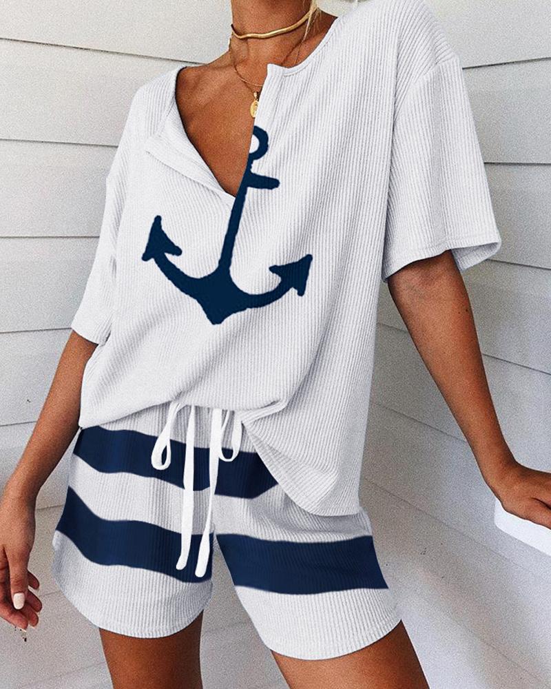 

Boat Anchor Print Striped Short Sleeve Pajamas Set, White