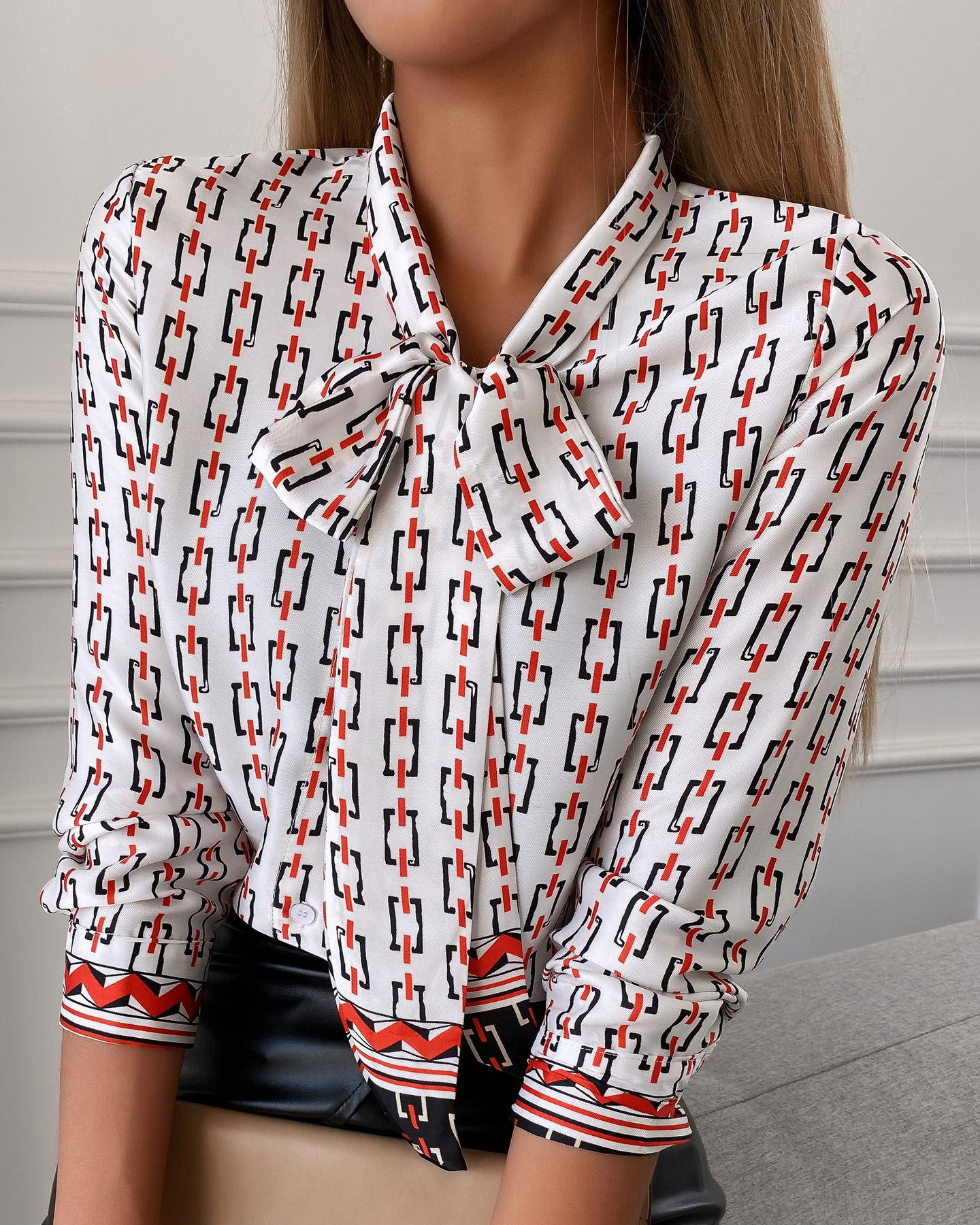 

Tie Neck All Over Print Long Sleeve Shirt, Multicolor