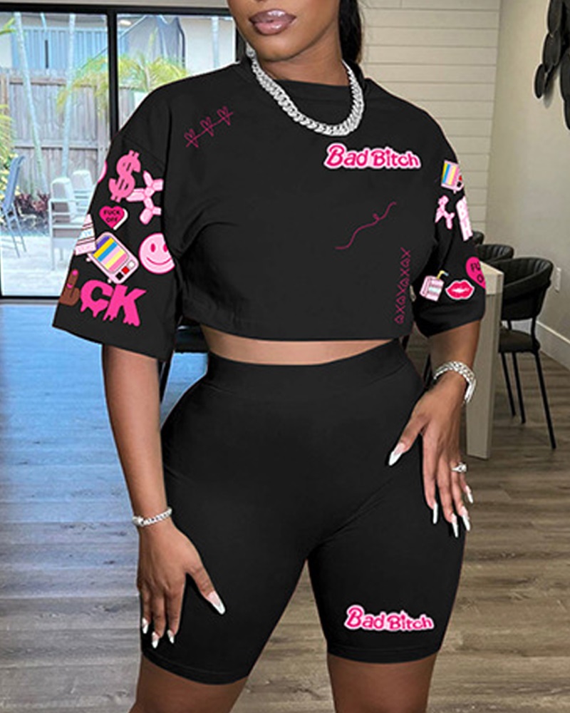 

Cartoon Letter Graphic Print T-shirt & Shorts Set, Black