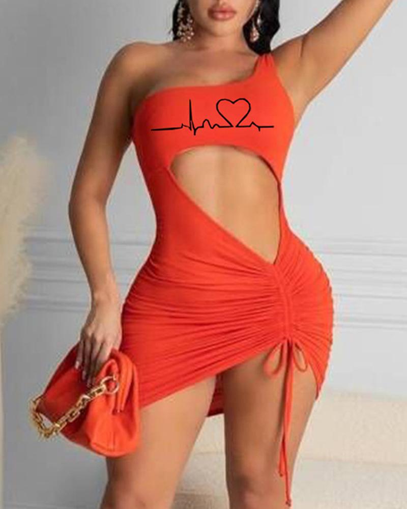 

Heart Print Drawstring Cutout One Shoulder Bodycon Dress, Orange