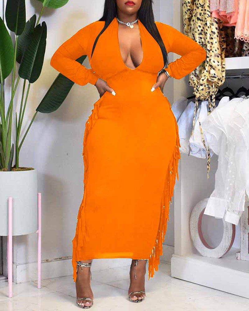 

Plus Size Deep V-Neck Tassel Trim Long Sleeve Dress, Orange