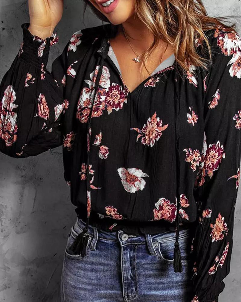 

Floral Print Long Sleeve Top, Black