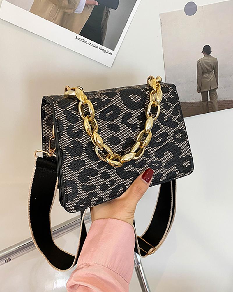 

Leopard Chain Strap Shoulder Bag, Black