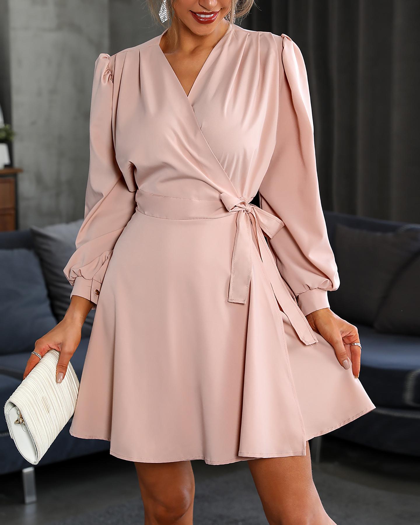 

Plain Puff Sleeve Tie Detail Wrap Dress, Pink