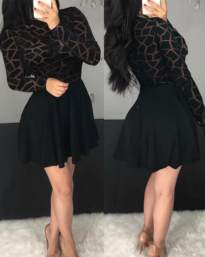 

Giraffe Print Sheer Mesh Ruffles Ruched Dress, Black