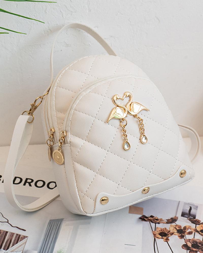 

Flamingo Pattern Quilted Zipper Design Backpack Trendy School Bag, White