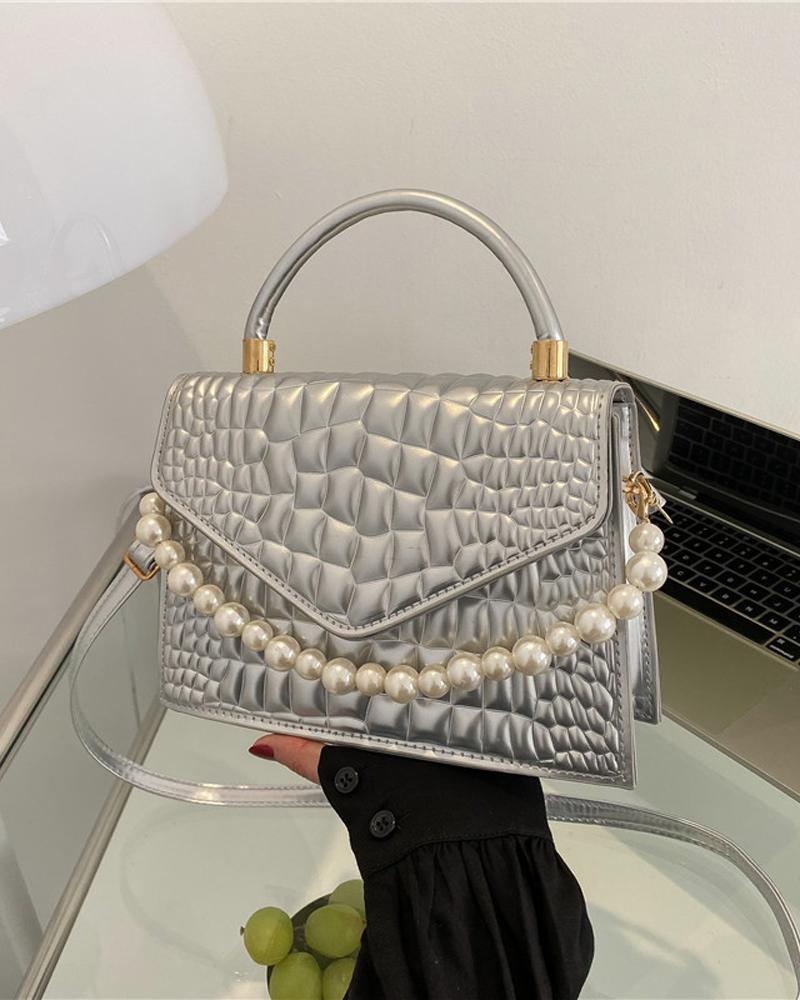 

Embossed Pearls Decor Flap Shoulder Bag With Handle, Silver