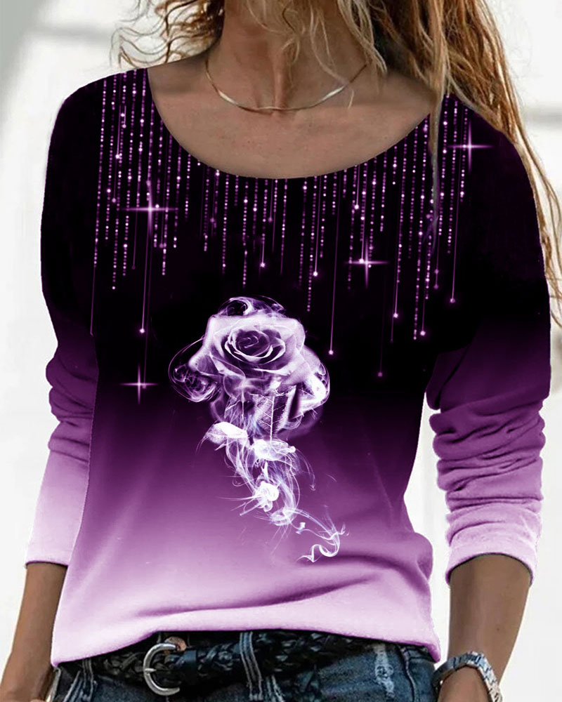 

Ombre Floral Print Long Sleeve Top, Purple