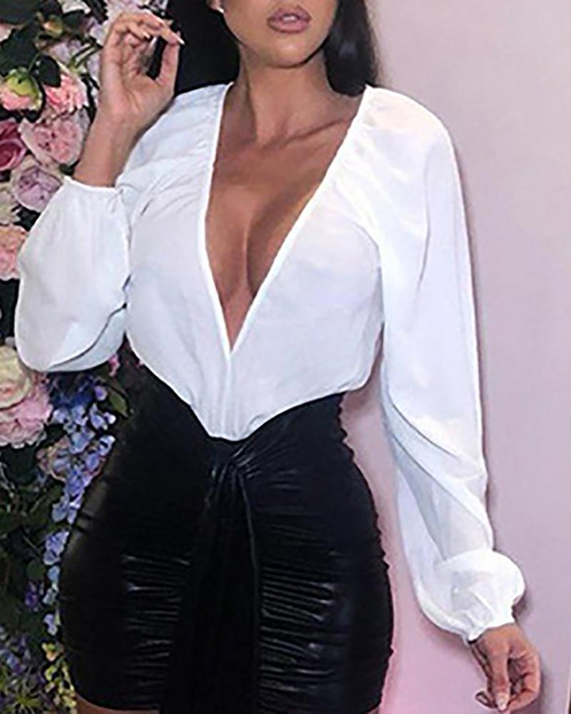

Ruched Plunge Lantern Sleeve Corset Bodysuit, White