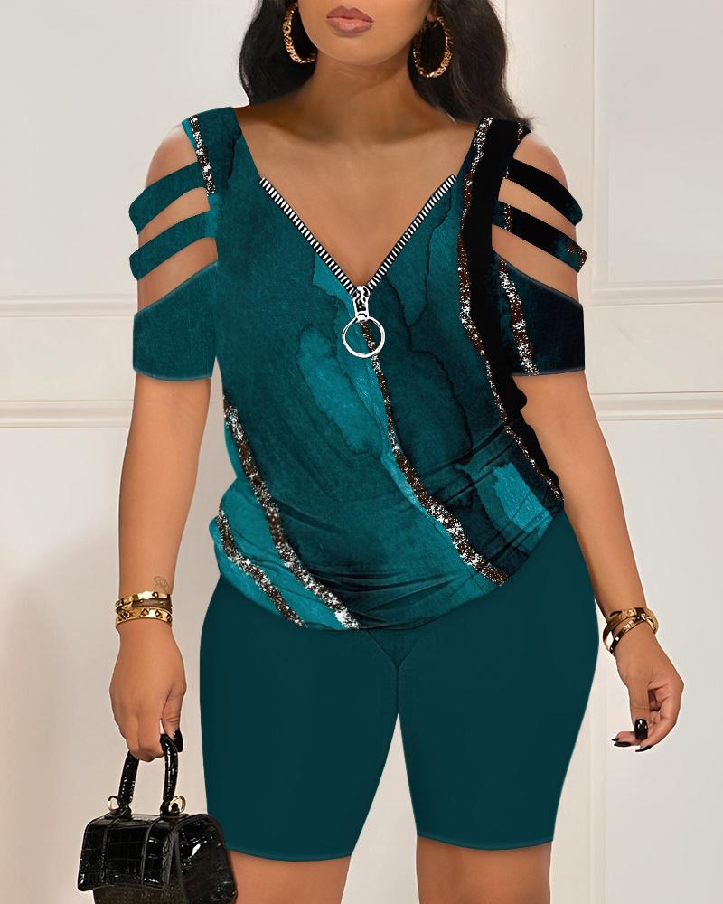 

Marble Print Cold Shoulder Top & Shorts Set, Green