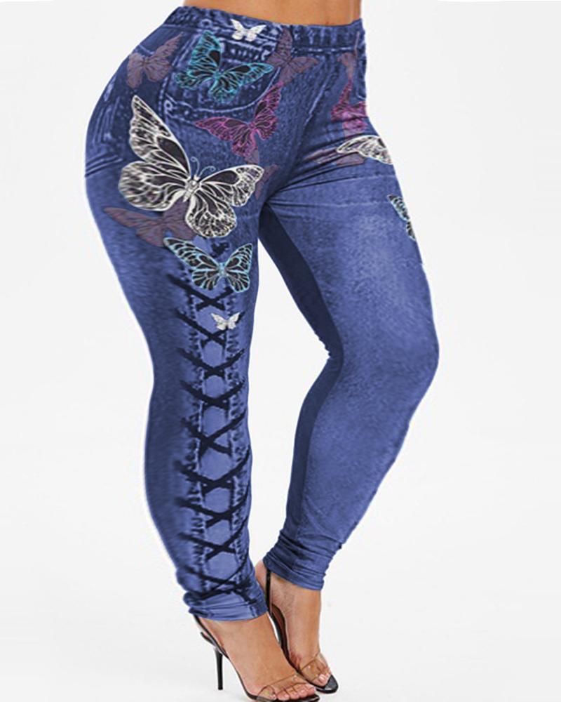 

Plus Size Butterfly Faux Denim Printed High Waist Leggings, Blue