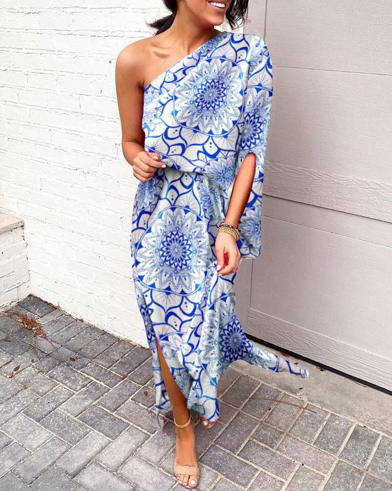 

One Shoulder Allover Print Slit Dress, Blue