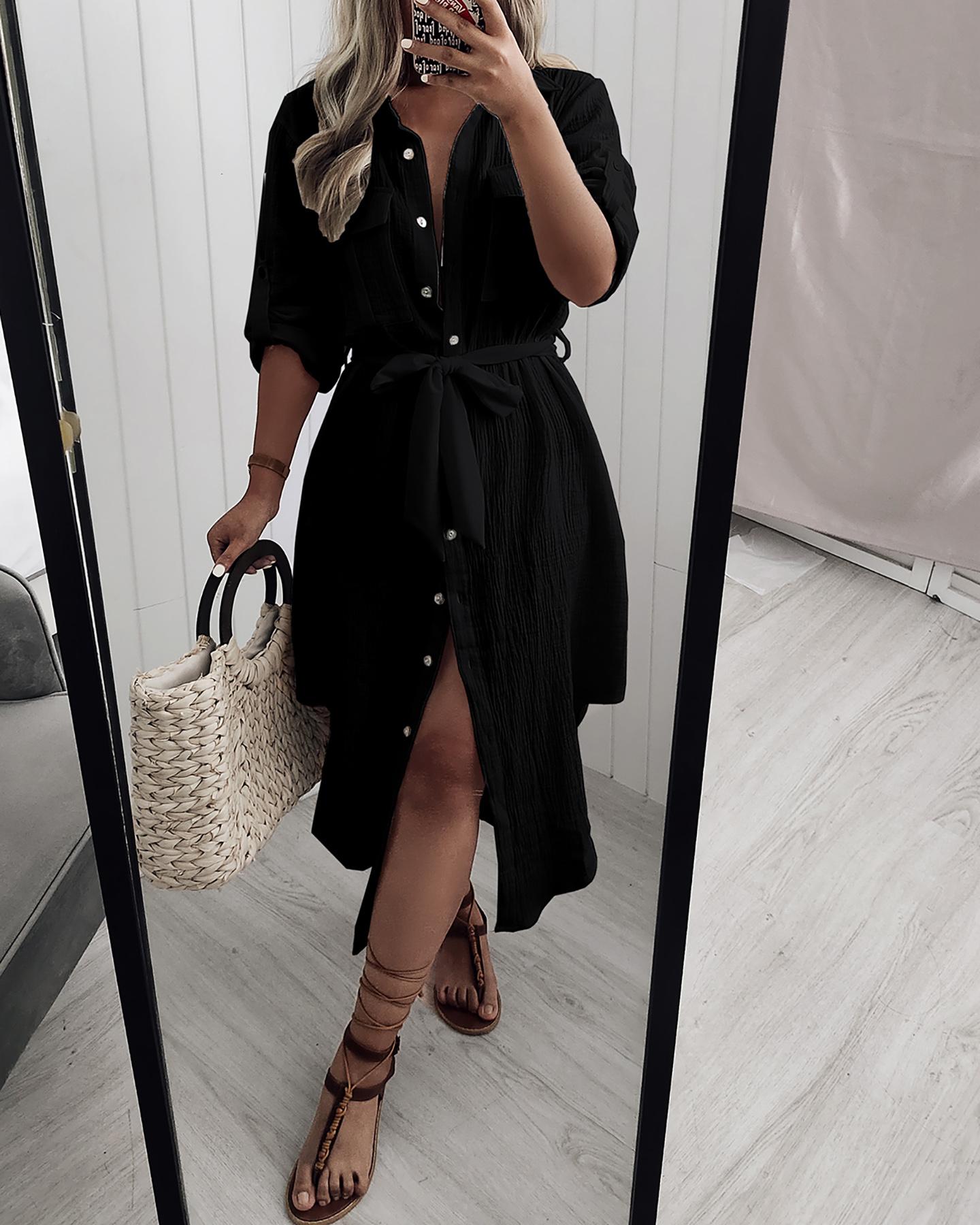 

Button Design Short Sleeve Shirt Dress, Black