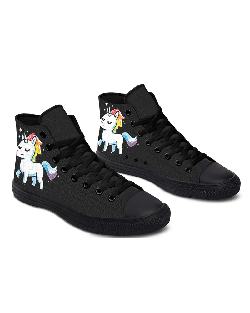 

Womens Unicorn Print Round Toe Lace-up High Top Canvas Casual Shoes, Black