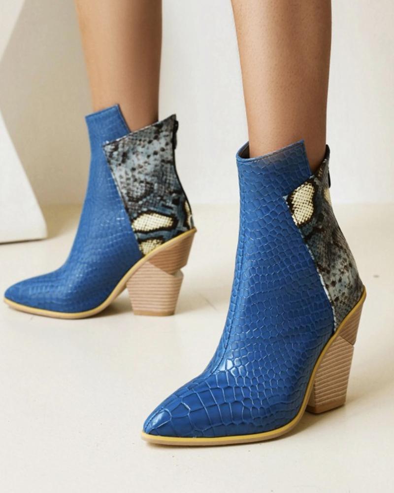 

Womens Pointed Toe Patchwork High Heeled Ankle Boots, Blue