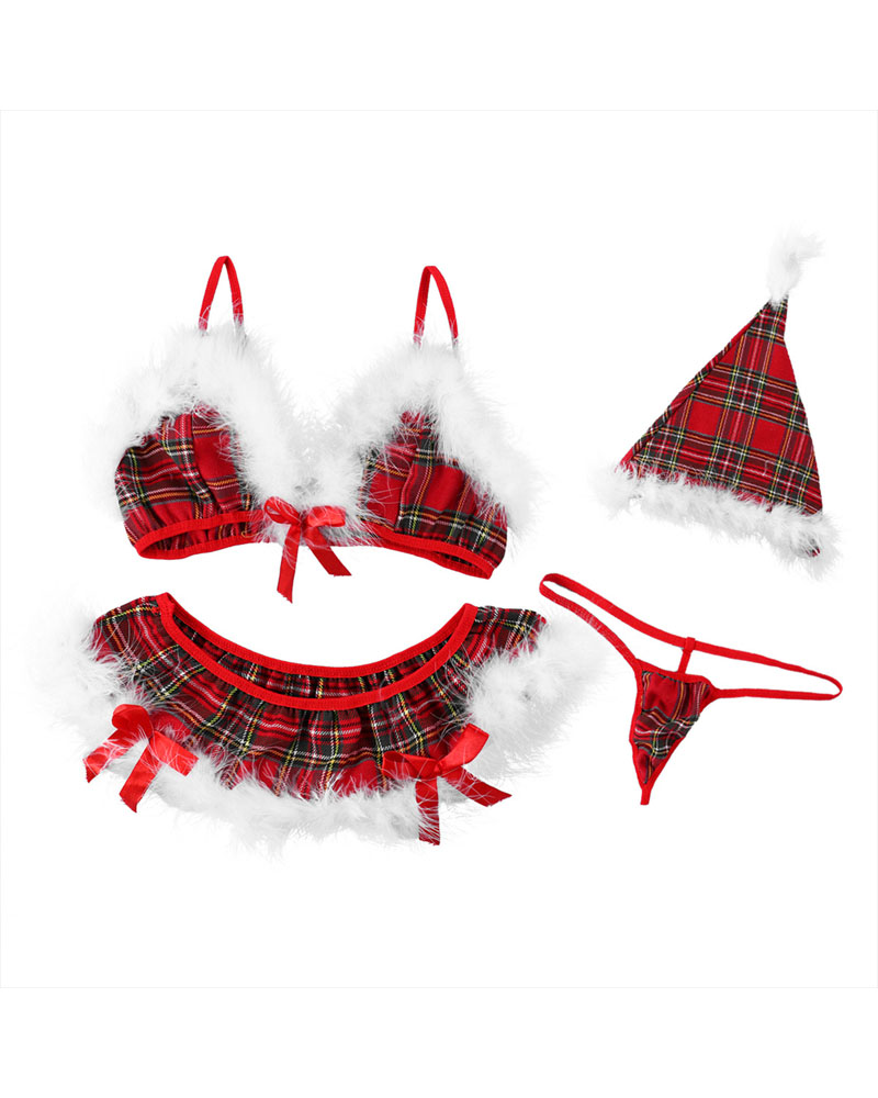 

Plaid Print Fuzzy Trim Christmas Lingerie Set With Hat, Red
