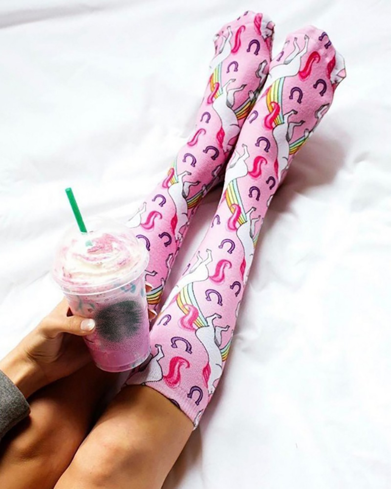 

Unicorn Print Colorblock Long Socks, Pink