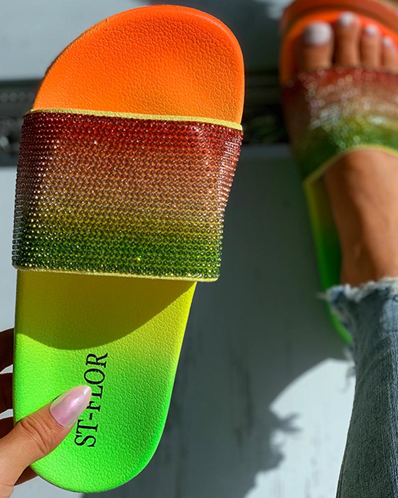 

Ombre Rhinestone Open Toe Flat Slippers, Orange