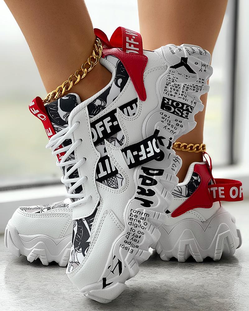

Cartoon Letter Print Fashionable Platform Sneakers, White&red