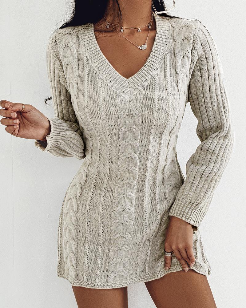 

Cable Knit Long Sleeve Sweater Dress, Apricot