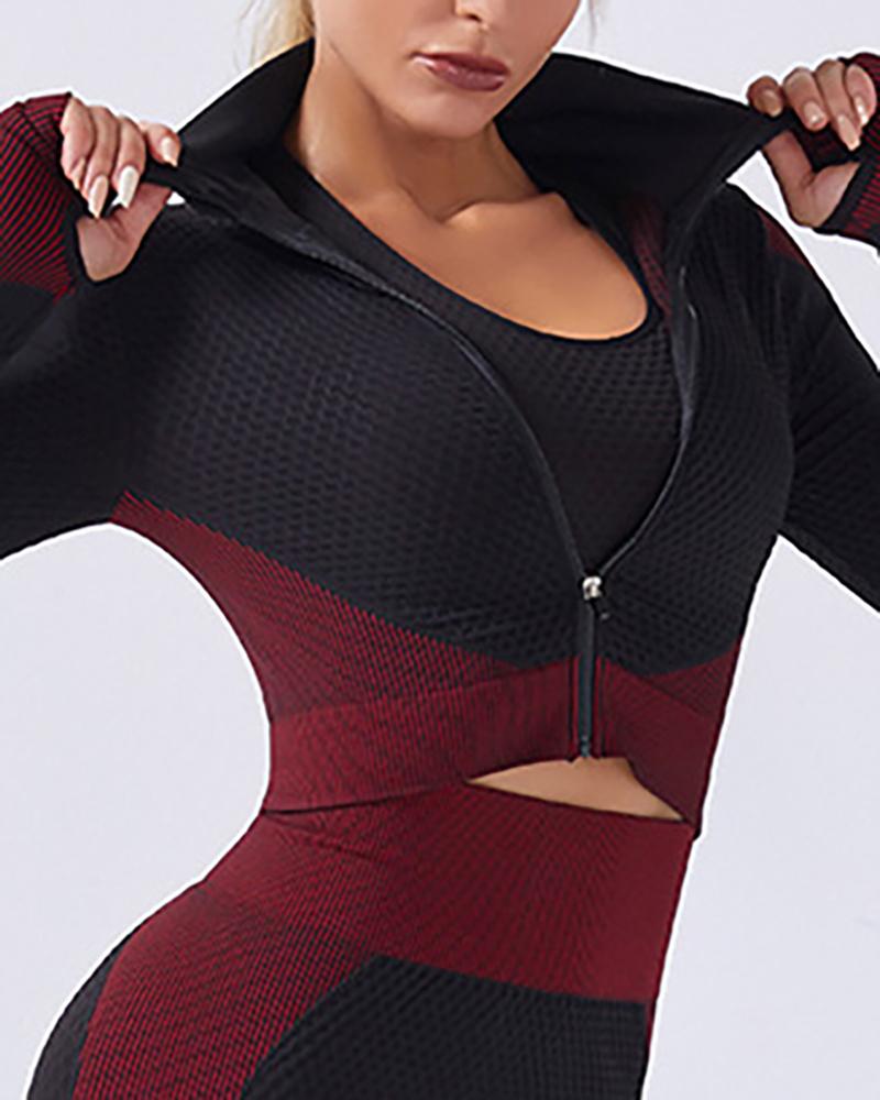 

Colorblock Zipper Design Long Sleeve Sporty Top, Red