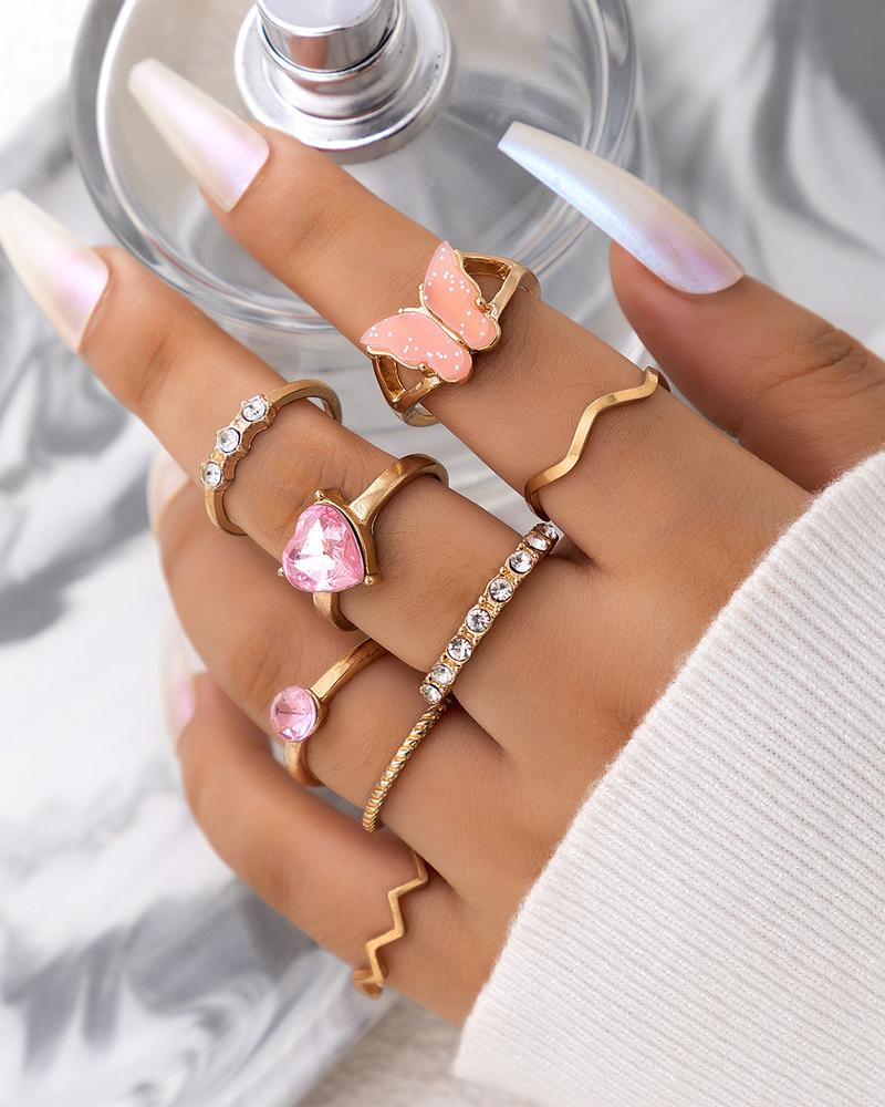 

8PCS Rhinestone Butterfly Heart Decor Ring Set, Gold