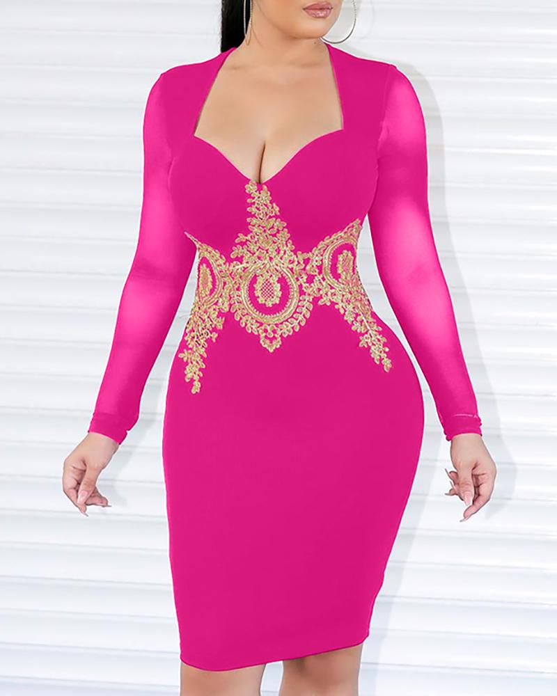 

Print Long Sleeve Bodycon Dress, Hot pink