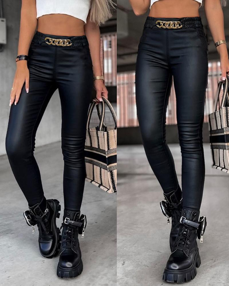 

Chain Decor High Waist PU Leather Pants, Black