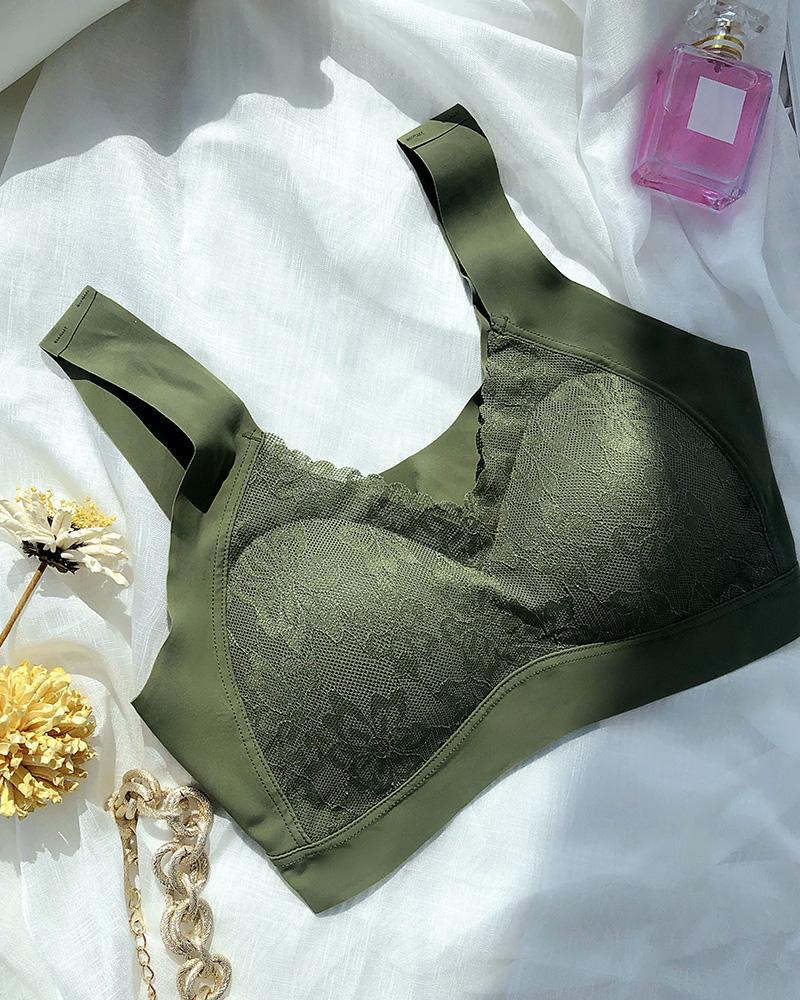 

Crochet Lace Seamless V-Neck Bralette, Green