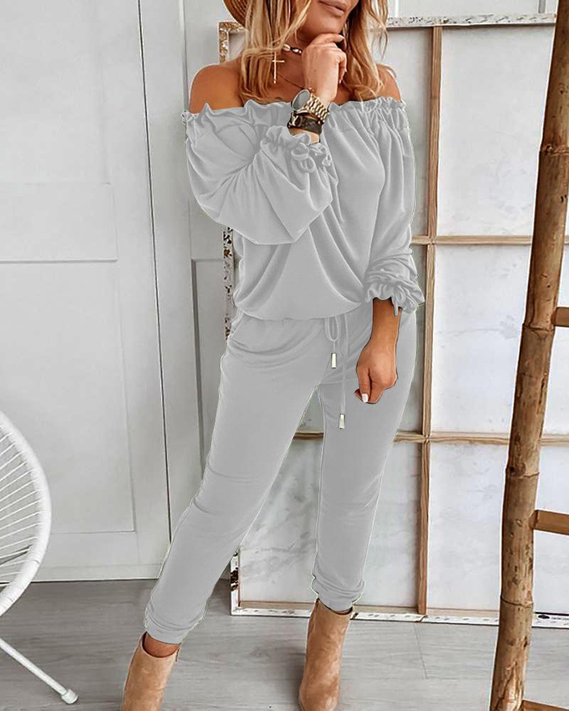 

Off Shoulder Long Sleeve Drawstring Frill Hem Jumpsuit, Gray