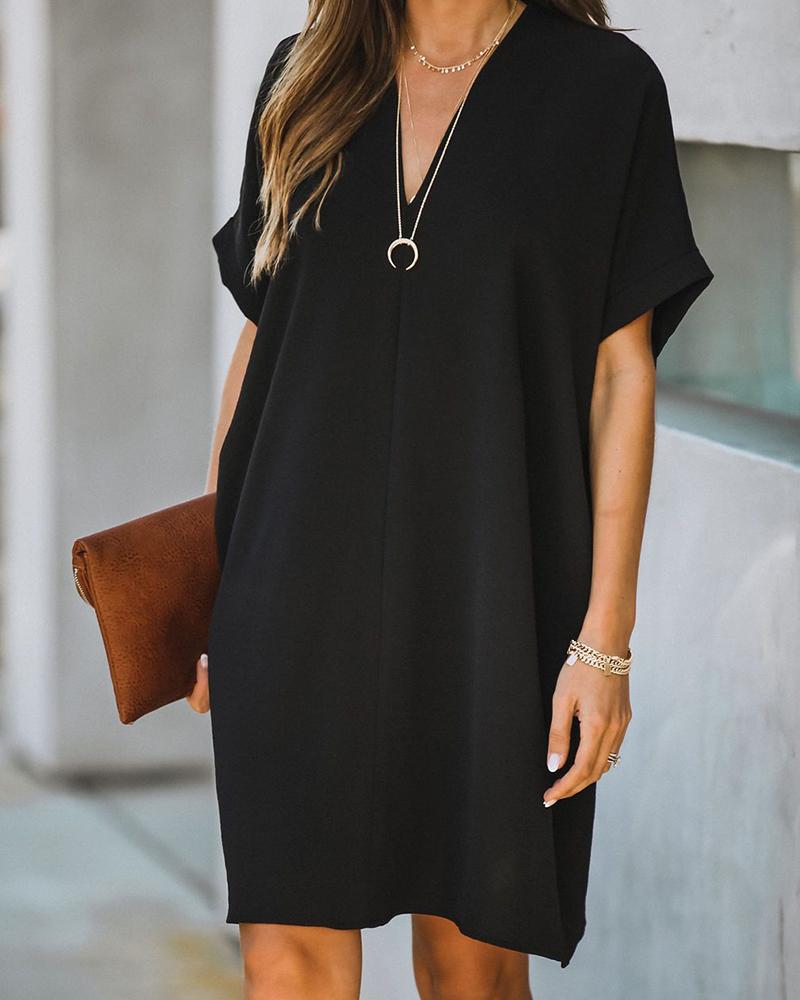 

V-Neck Short Sleeve Casual Dress, Black