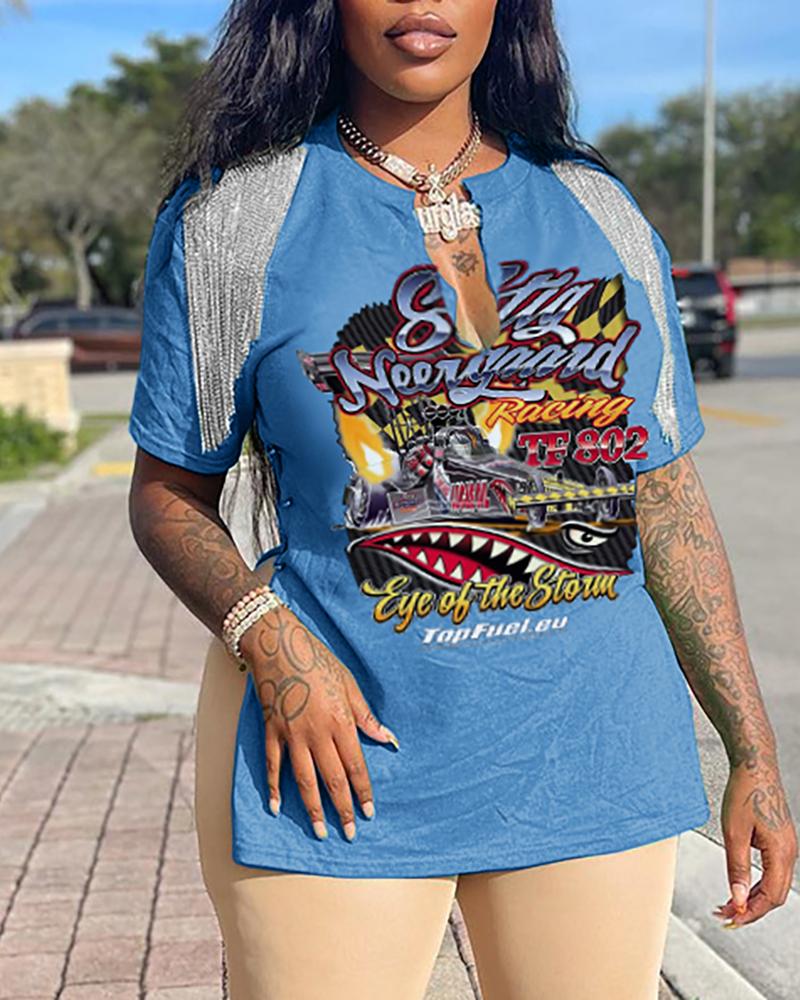 

Graphic Print Tassel Design Slit T-shirt, Blue