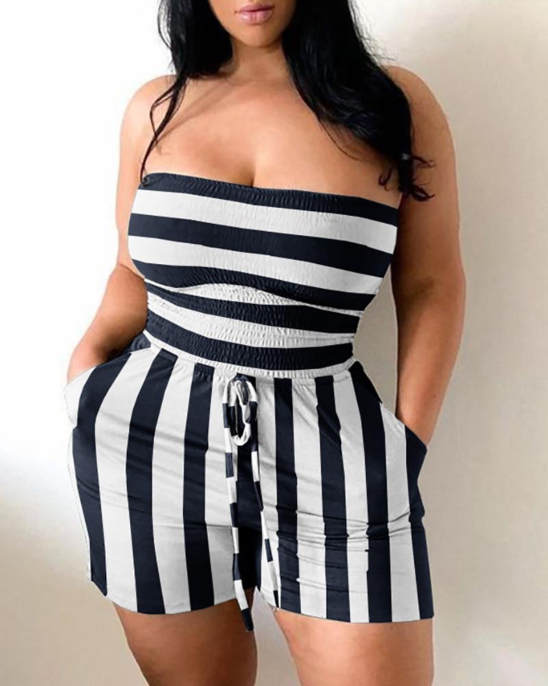 

Striped Shirred Drawstring Pocket Design Romper, Black&white