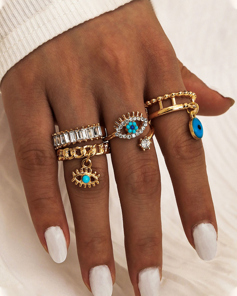 

4PCS/Set Rhinestone Decor Devil Eye Pattern Punk Ring, Gold