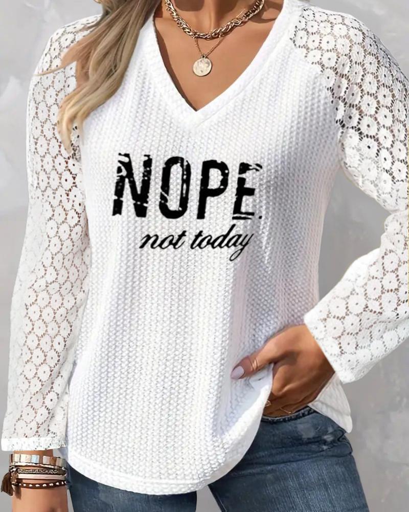 

Plus Size Nope Not Today Print Lace Patch Waffle Knit Top, White