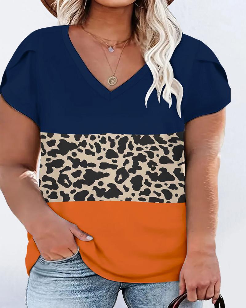 

Plus Size Colorblock Leopard Print Petal Sleeve T-Shirt, Orange