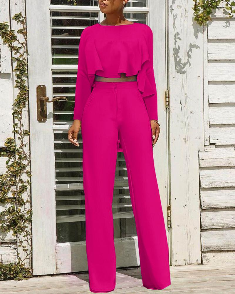 

Long Sleeve Ruffle Hem Crop Top & Pocket Wide Leg Pants Set, Hot pink