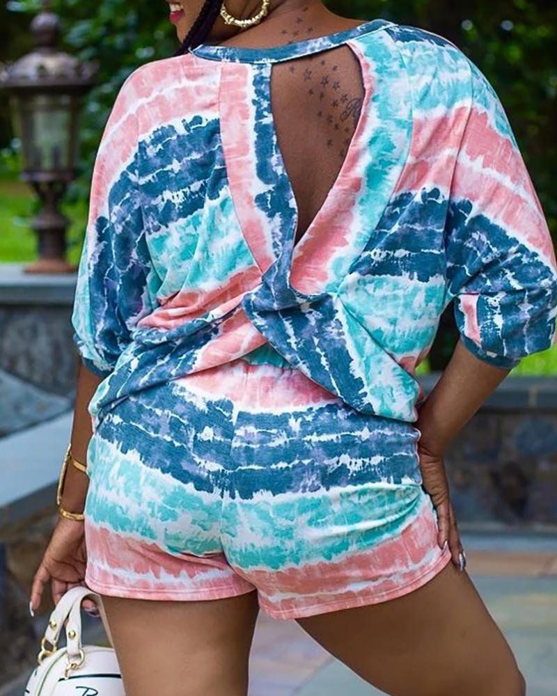 

Tie Dye Print Batwing Sleeve Top & Shorts Set, Blue