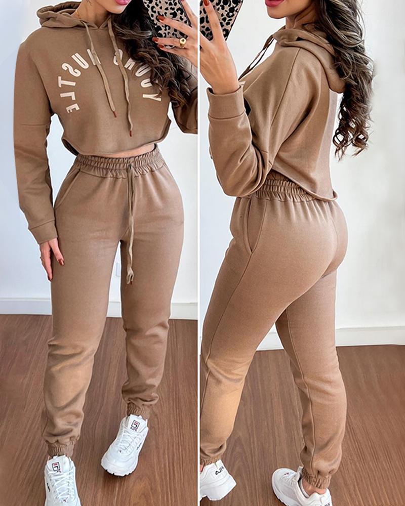 

Letter Print Hooded Sweatshirt & Drawstring Cuffed Sweatpants Set, Coffee
