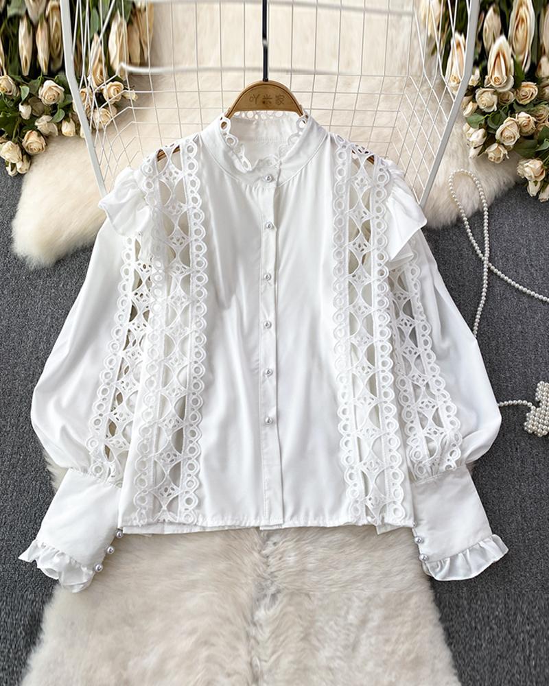 

Ruffles Lantern Sleeve Hollow Out Top, White